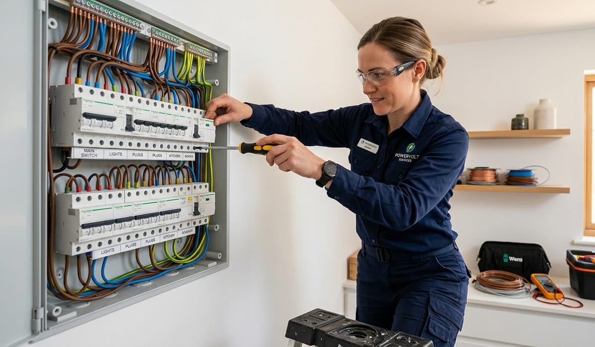 Professional electrician working on electrical panel
